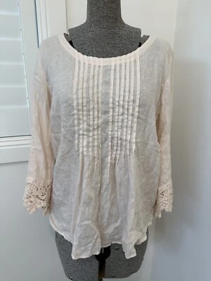 120% Lino Made In Italy Crochet Lace Sleeve Pin Tuck Blouse Top 42 14 L - image 1 of 4