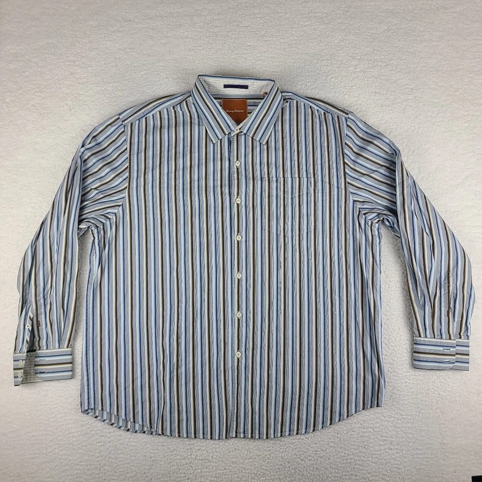 Camisa Tommy Bahama Para Hombres 2XL XXL Azul Marrón Rayas Algodón Vestido Abotonado Foto 1 de 4