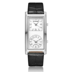 Orologio da Polso Doppio Fuso Orario Uomo Donna Quarzo Rettangolare Cinturino Pelle PU Nero - Foto 1 di 27