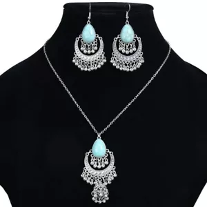 3 Stck. Türkis Stein Halskette passende Ohrringe Set Silber Boho Retro Bollywood - Bild 1 von 4