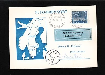 Открытка с письмом Sweden Air эпохи Второй мировой войны 1944 Stockholm Luftpost to Lulea 1-й рейс 1v - Изображение 1 из 2