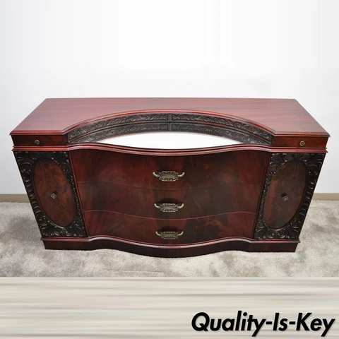 Vtg Chinese Chippendale Flame Mahogany Triple Dresser w/ Bowed Front and Mirror Cover