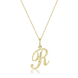 14K Yellow Gold Cursive Initial Letter Pendant Singapore Chain Necklace Set -A-Z - Picture 1 of 6