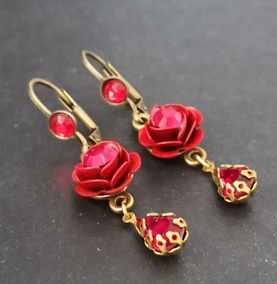 Pendientes Michal Negrin Rojo 3D Rosa Flor Esmalte Con Cristales Swarovski Rosas Foto 1 de 4