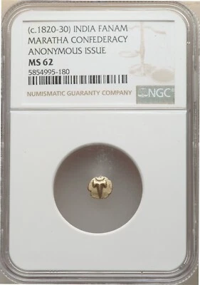 Moeda de ouro 1820-30 Índia, Confederação Maratha Fanam NGC MS62 - Imagem 1 de 2
