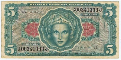 MILITARY PAYMENT CERTIFICATE $5 MPC 641 w' FLAKE ERROR PARTIAL LETTER (J) CUTOFF - Image 1 of 3