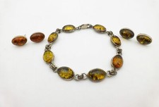 Cabochon Link Chain Bracelet 7" Earrings 925 Sterling Silver 3 Lot Colored Amber