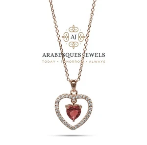 STUNNING LADIES JULY RUBY HEART BIRTHSTONE NECKLACE PENDANT SILVER 925 ROSE GOLD - Picture 1 of 2