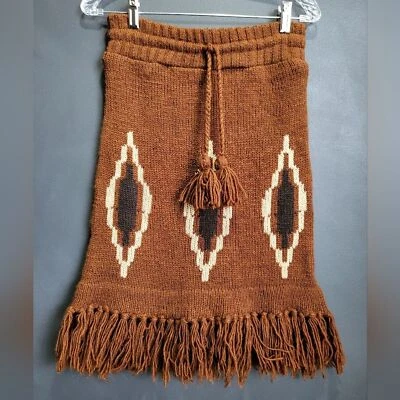 Falda Estampado Azteca Flecos Dobladillo Borla Cordón Cintura Lana Hasta la Rodilla Talla L Marrón Foto 1 de 4