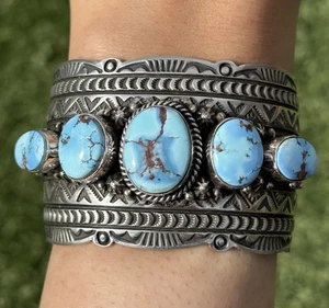 Navajo Sterling Silver Golden Hill Turquoise Cuff Bracelet H Piasso - Picture 1 of 12