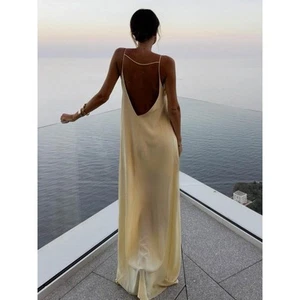Commense Backless Slip Cut Out Maxi Dress S Champagne Satin Vacation Minimalist - Picture 1 of 14