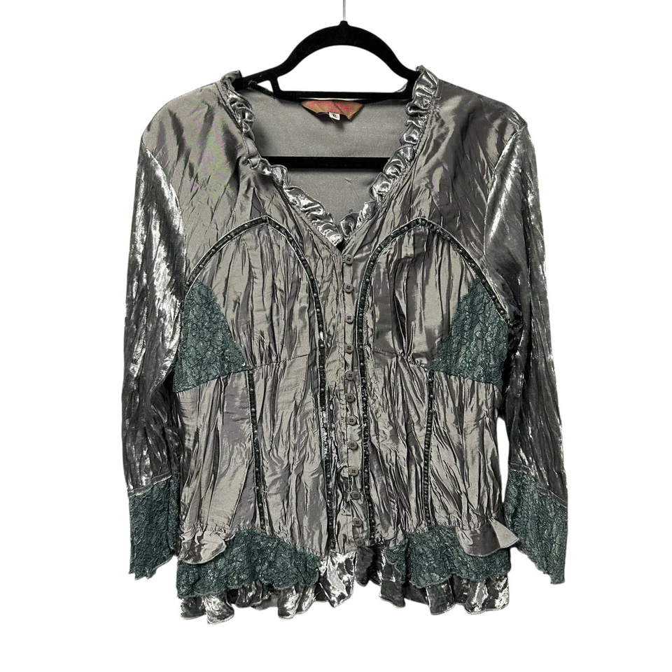 Top Pretty Angel Moda Gris Tachuelas Abotonadas Volantes Borde Encaje Superpuesto Mujer XL Foto 1 de 4