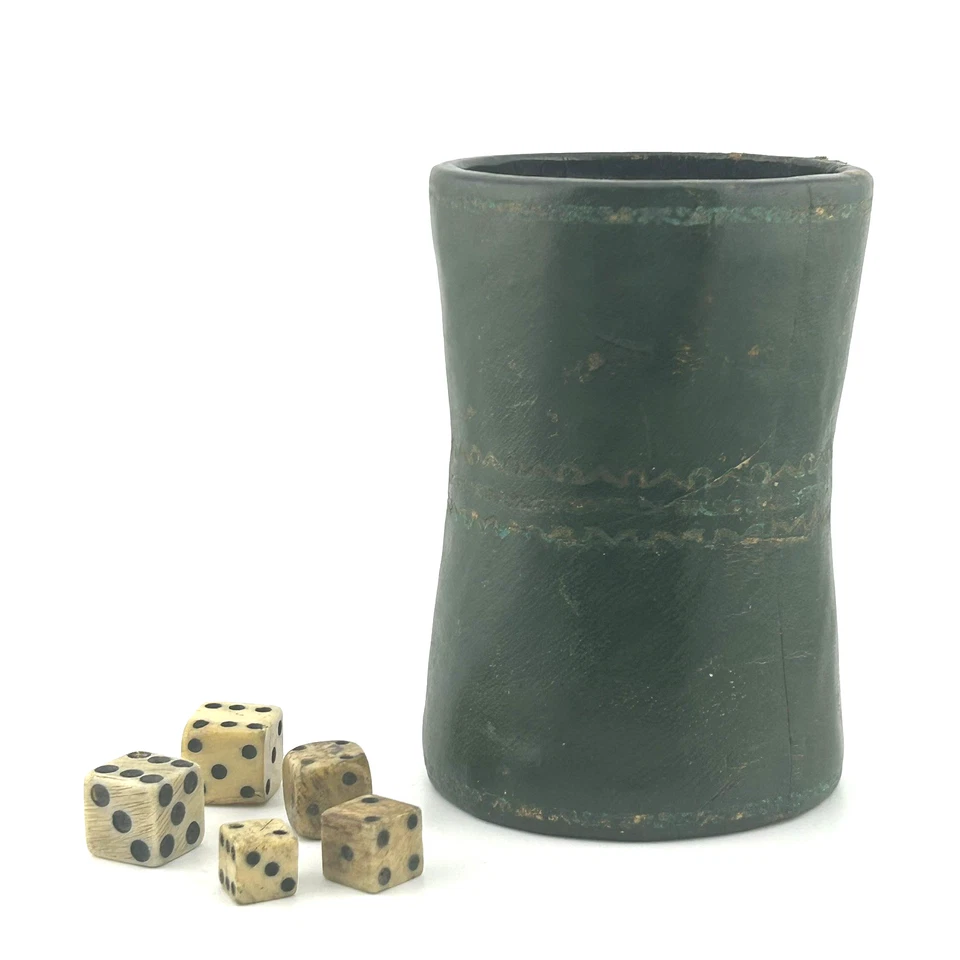 Antique Papier Mache & Leather Dice Shaker Cup and 5 x Old Hand Carved Dice - Image 1 of 4