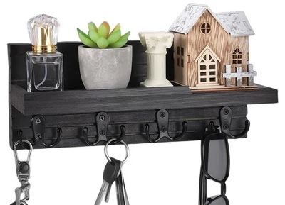 Decorative Key Hanging Rack with 4 Double Hooks – Easy Install Natural Wooden... - Image 1 of 4