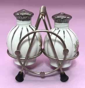 Mid Century Japanese Porcelain Salt & Pepper Shakers with Floral Wire Carrier - Picture 1 of 9