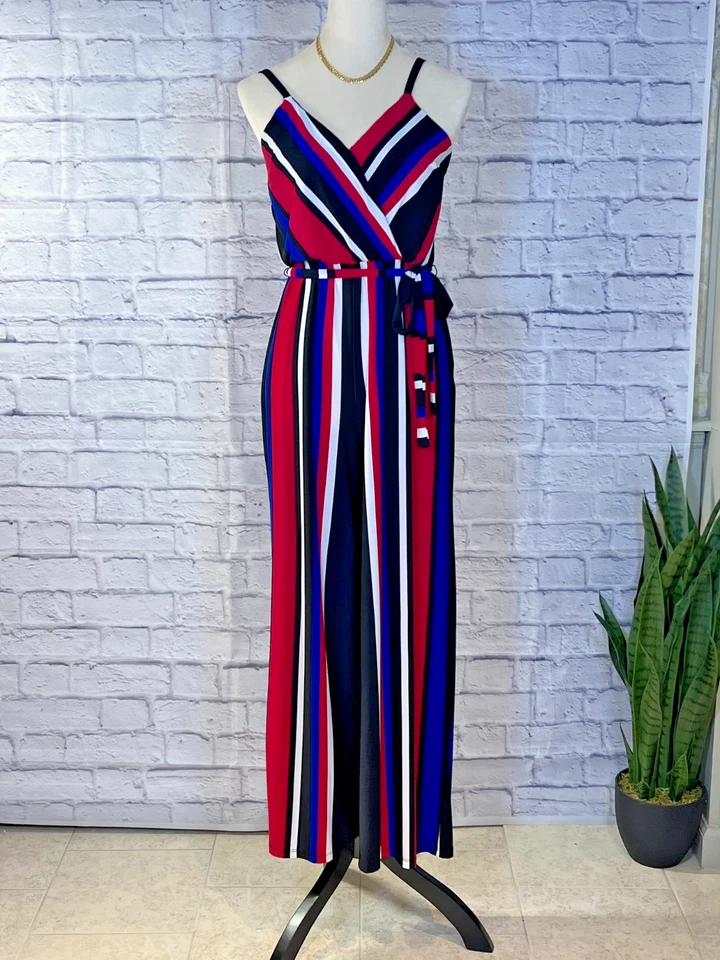 INC International Concept Petite 条纹汗布连身裤 S 码黑色/多色 — 第 1/4 张图片