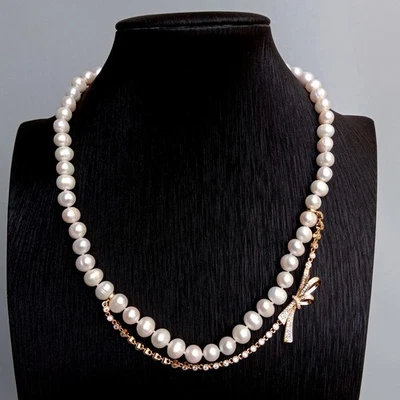 Cultured White Potato Pearl Cz Pave Gold Plated Chain Choker Necklace Jewelry - Image 1 of 4