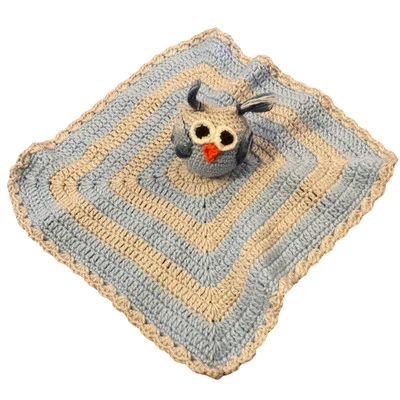 Manta Lovey bebé búho ganchillo hecha a mano juguete azul gris felpa unisex Foto 1 de 4
