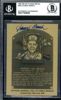 Placa autógrafa metálica firmada por Johnny Bench Beckett BAS 1981-89 Salón de la Fama Foto 1 de 2