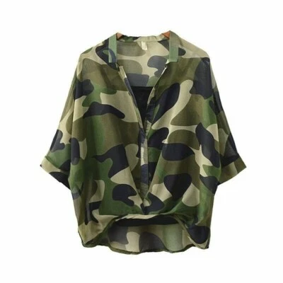 Femme Camouflage Chemisier Mousseline T-Shirt Haut Chauve-Souris Manches Ample - Photo 1/4