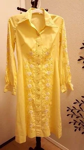 Vintage gelbes besticktes Blumen Kleid Button Down Top Zustand S-M - Bild 1 von 6
