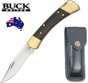 BUCK 110 - MADE IN USA POCKET FOLDING KNIFE + LEATHER SHEATH! EBONY WOOD HANDLES