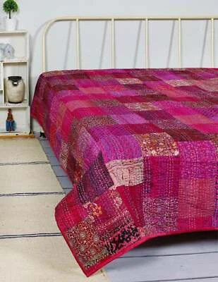 Silk Patola Patchwork Indian Handmade Queen Cotton Kantha Quilt Throw Bedspread - Image 1 of 2