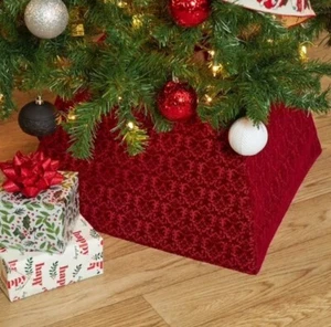 My Texas House Burgundy Red Crushed Velvet Tree Stand Collar Tree Skirt 20x20x12 - Picture 1 of 6