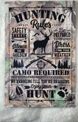 Placa de estanho de metal alumínio regras de caça 8x12 decoração de cabine, acampamento de veados ou placa de alojamento  - Imagem 1 de 4