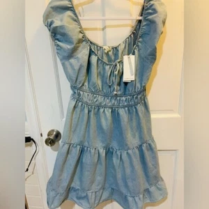 Blue chambray summer dress L Sleeveless off shoulder Sundress Ruffled skirt - Picture 1 of 7