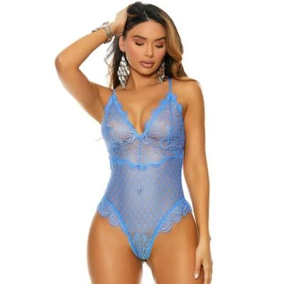 Tanga de encaje con diseño de diamante para pestañas corte espalda abierta azul transparente 77010 Foto 1 de 4