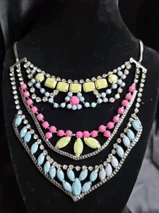 Claire's Colorful Pastel Crystal Bib Choker Statement Necklace 21" - Picture 1 of 8