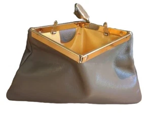 Vintage Etra Genuine Leather Taupe Evening Bag Gold Tone Chain Square Closure - Picture 1 of 6