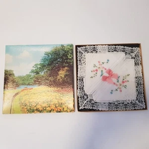Irish linen handkerchief white pink bow embroidered Ireland vintage art NOS - Picture 1 of 14