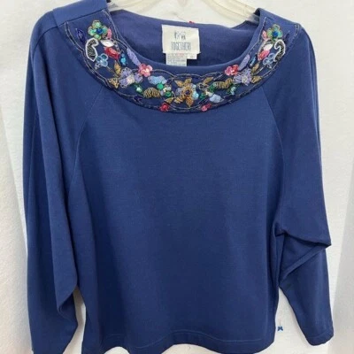 Camisa Vintage Años 80 JUNTOS Adornada Mujer Talla S Lentejuelas Boho Chic Azul Única Foto 1 de 4