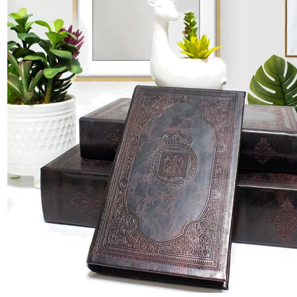 Antique Embossed Leather Book Boxes Set of 3 with Magnetic Snap Closure - Image 1 of 4