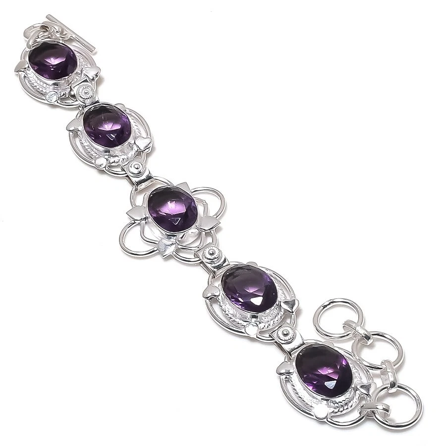 Purple Amethyst Gemstone Handmade 925 Sterling Silver Jewelry Bracelet Size 7-8" - Image 1 of 1