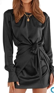 Women Casual Long Sleeve Ruched Wrap Dress Crew Neck Tie Waist Short Dress Black - Picture 1 of 13
