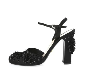 Tacones Prada para mujer negros satinados adornados con cuentas sin cordones con correa al tobillo talla 38 - Imagen 1 de 8