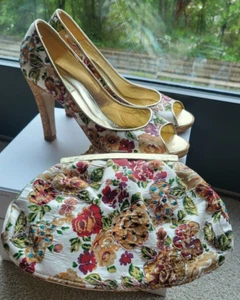Dune Floral Print Peep Toe High Heels Shoes+Bag Size 6/40 Wedding Occasion Party - Picture 1 of 20