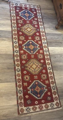 Hand Knotted Afghan Tribal Kazak Hallway Runner Red Small Geometric Rug 2 X 6.8 - Image 1 of 4