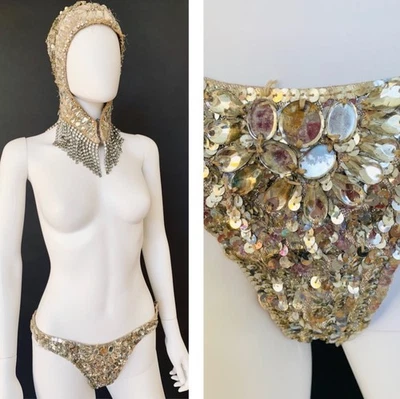 Vintage Showgirl Burlesque Plateado Cojo Disfraz Lentejuelas Cristales Tocado Tanga Foto 1 de 4