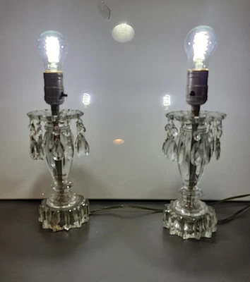 Vintage Clear Glass Mantle Lusters w/Prisms, Pair of 2, Electric, 8.5" Tall - Image 1 of 4