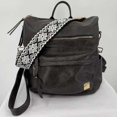 Mochila Convertible Cartera Bolso Boho de Cuero Vegano con Correa Tejida Foto 1 de 4