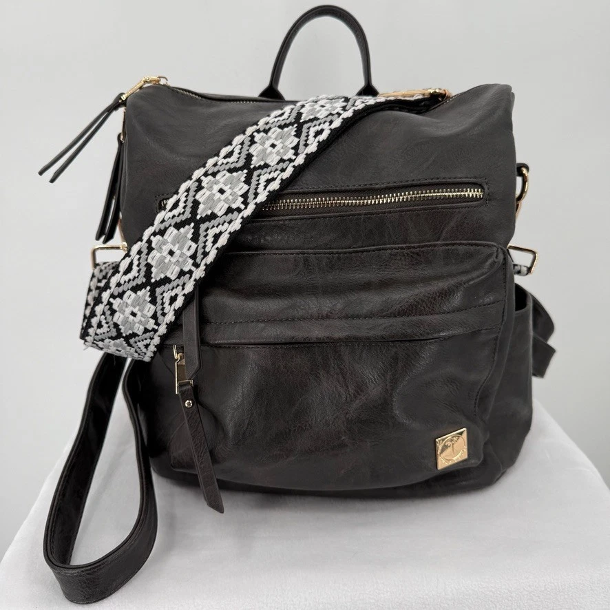 Convertible Backpack Purse Boho Vegan Leather Bag with Woven Strap - Image 1 of 4