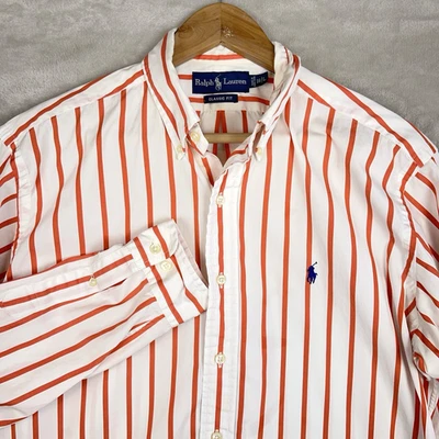 Camisa polo masculina manga longa listrada vertical laranja grande Ralph Lauren - Imagem 1 de 4