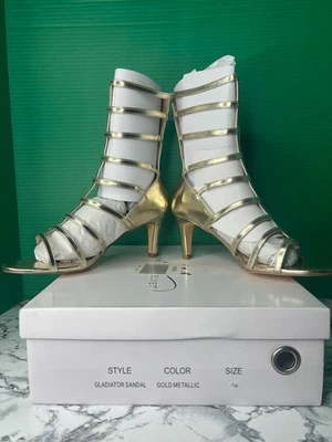 午夜天鹅绒金色金属角斗士高跟鞋凉鞋绑带女神 8.5 米 — 第 1/4 张图片