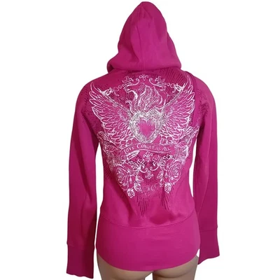 Винтажная женская толстовка с капюшоном Y2K Juniors SWS Wings Heart со стразами на молнии Girly Mcbling S - Изображение 1 из 4