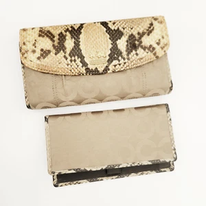 Coach Python Flap Long Wallet Tan Op Art Signature C Jacquard w Checkbook - Picture 1 of 7