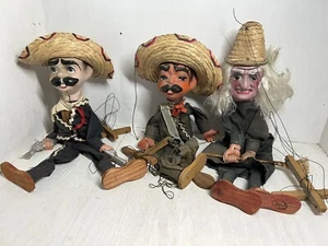 3 Vintage Puppe mexikanische Volkskunst Marionette Porzellan Gesicht Hexe, Cowboy, - Bild 1 von 7